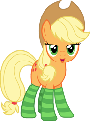 Size: 1024x1376 | Tagged: safe, artist:tabrony23, character:applejack, species:earth pony, species:pony, bedroom eyes, clothing, female, looking at you, mare, open mouth, socks, solo, striped socks