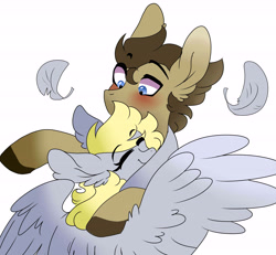 Size: 6500x6000 | Tagged: safe, artist:scarletskitty12, character:derpy hooves, character:doctor whooves, character:time turner, species:pegasus, species:pony, ship:doctorderpy, absurd resolution, eyes closed, feather, female, fluffy, glomp, hug, male, mare, shipping, simple background, straight