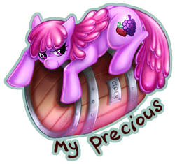 Size: 695x653 | Tagged: safe, artist:limreiart, character:berry punch, character:berryshine, species:earth pony, species:pony, barrel, cider, female, mare, my precious, possessive, prone, simple background, solo, transparent background