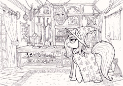 Size: 1024x720 | Tagged: safe, artist:asimos, character:trixie, species:pony, species:unicorn, female, mare, monochrome, shop, solo, traditional art