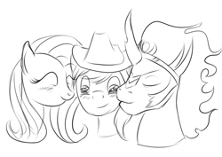 Size: 823x583 | Tagged: safe, artist:karmadash, character:braeburn, character:fluttershy, character:king sombra, ship:braeshy, ship:sombrashy, bisexual, female, fluttershy gets all the stallions, gay, gay in front of girls, kissing, male, monochrome, ot3, polyamory, shipping, sketch, sombraeburn, straight