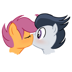 Size: 1024x1024 | Tagged: source needed, safe, artist:sunibee, character:rumble, character:scootaloo, species:pegasus, species:pony, ship:rumbloo, blushing, boop, bust, cute, eyes closed, female, kissing, love, male, nose wrinkle, noseboop, portrait, profile, shipping, straight, surprise kiss, surprised, wide eyes