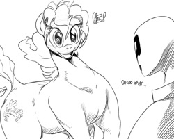 Size: 900x720 | Tagged: safe, artist:sunibee, character:pinkie pie, oc, oc:anon, species:earth pony, species:human, species:pony, dock, grayscale, horse, monochrome, open mouth, smiling, wat