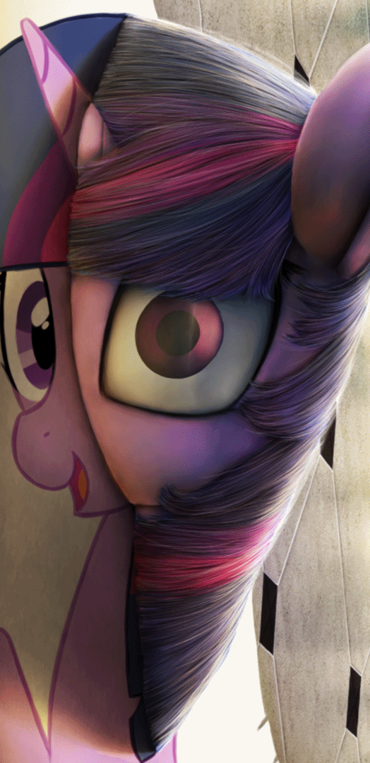 Size: 524x1080 | Tagged: safe, artist:chryseum, artist:equum_amici, edit, character:twilight sparkle, animated, cinemagraph, eye shimmer, female, fourth wall, looking at you, mind screw, nightmare fuel, on side, open mouth, realistic, rotation, smiling, solo, surreal, uncanny valley, what has magic done