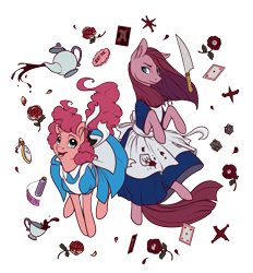 Size: 1205x1300 | Tagged: safe, artist:28gooddays, character:pinkamena diane pie, character:pinkie pie, species:earth pony, species:pony, alice in wonderland, american mcgee's alice, clothing, crossover, dress, duality, duo, ear fluff, knife, simple background, transparent background, vorpal blade
