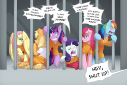 Size: 8598x5766 | Tagged: safe, artist:mylittlesheepy, character:applejack, character:fluttershy, character:pinkamena diane pie, character:pinkie pie, character:rainbow dash, character:rarity, character:twilight sparkle, absurd resolution, abuse, clothing, harmonica, jail, mane six, musical instrument, prison outfit, prisoner, prisoner rd, prisoner ts, twilight snapple, twilybuse