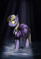 Size: 964x1367 | Tagged: safe, artist:28gooddays, character:dinky hooves, species:pony, species:unicorn, bioshock, clothing, crepuscular rays, crossover, dark, dress, female, glowing eyes, little sister, sad, solo, water
