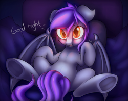 Size: 1518x1200 | Tagged: safe, artist:anti1mozg, oc, oc only, species:bat pony, species:pony, colored pupils, cute, dialogue, glowing eyes, looking at you, night, on back, solo, spread legs, spreading, strategically covered, tail censor, underhoof