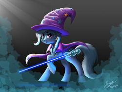 Size: 6000x4500 | Tagged: safe, artist:duskie-06, character:trixie, species:pony, species:unicorn, absurd resolution, crossover, female, jedi, lightsaber, mare, nose wrinkle, signature, solo, star wars, weapon