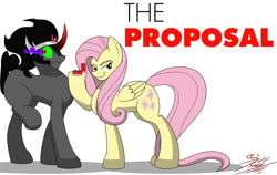 Size: 1500x945 | Tagged: safe, artist:killkatt, character:fluttershy, character:king sombra, species:pegasus, species:pony, species:unicorn, ship:sombrashy, colored horn, curved horn, female, horn, male, mare, marriage proposal, parody, ring, shipping, sombra eyes, sombra horn, stallion, straight, text, worried