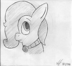Size: 670x612 | Tagged: safe, artist:xwoofyhoundx, oc, oc only, oc:emerald jewel, species:pony, colt, colt quest, femboy, foal, hair over one eye, male, monochrome, solo, traditional art