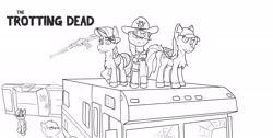Size: 3000x1517 | Tagged: safe, artist:starrypallet, character:applejack, character:rainbow dash, character:rarity, character:twilight sparkle, cap, car, clothing, crossover, gun, hat, infected, lineart, post-apocalyptic, sheriff, shotgun, the walking dead, trotting dead, weapon, zombie