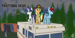 Size: 3000x1517 | Tagged: safe, artist:starrypallet, character:applejack, character:rainbow dash, character:rarity, character:twilight sparkle, cap, car, clothing, gun, hat, post-apocalyptic, shotgun, the walking dead, tree, trotting dead, weapon, zombie