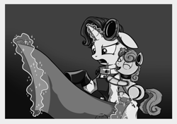 Size: 1059x747 | Tagged: safe, artist:28gooddays, character:rarity, character:sweetie belle, species:pony, species:unicorn, sweetie bot, black and white, eyes closed, female, filly, floppy ears, foal, glowing horn, goggles, grayscale, hooves, horn, hug, levitation, magic, mare, monochrome, open mouth, robot, robot pony, roboticist, telekinesis