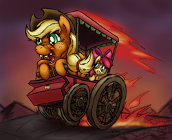 Size: 2740x2230 | Tagged: safe, artist:cazra, character:apple bloom, character:applejack, newbie artist training grounds, episode:the cart before the ponies, g4, my little pony: friendship is magic, fire, rat fink, vehicle