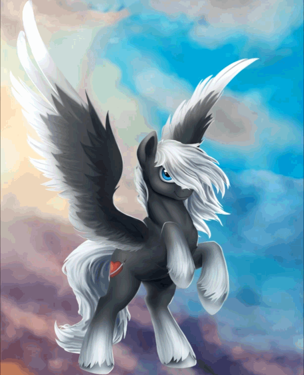Size: 614x757 | Tagged: safe, artist:equum_amici, artist:l1nkoln, oc, oc only, oc:sacred blade, species:pegasus, species:pony, animated, cinemagraph, flapping, gif, hair over one eye, looking at you, rearing, smiling, solo, spread wings, unshorn fetlocks, wind, windswept mane, wings