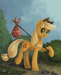 Size: 570x700 | Tagged: safe, artist:asimos, character:applejack, bindle, female, looking at you, solo