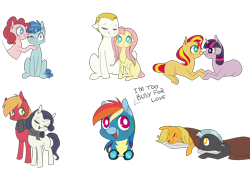 Size: 2000x1400 | Tagged: safe, artist:chiweee, character:applejack, character:big mcintosh, character:bulk biceps, character:fluttershy, character:party favor, character:pinkie pie, character:rainbow dash, character:rarity, character:sunset shimmer, character:thunderlane, character:twilight sparkle, species:pony, ship:flutterbulk, ship:partypie, ship:rarimac, ship:sunsetsparkle, clothing, cuddling, cute, female, hnnng, lesbian, looking at you, lying down, male, mane six, mare, missing cutie mark, pinkie being pinkie, shipping, simple background, sitting, sleeping, snuggling, standing, straight, text, thunderjack, transparent background, wonderbolts uniform