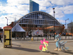 Size: 2816x2112 | Tagged: safe, artist:blackgryphon, artist:sakatagintoki117, artist:uponia, character:apple bloom, oc, oc:blackgryph0n, species:human, bicycle, building, clock, england, irl, manchester, pay phone, photo, ponies in real life, shadow, vector