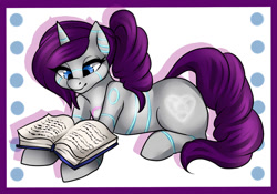 Size: 1000x700 | Tagged: safe, artist:fur-what-loo, oc, oc only, oc:raribot, species:pony, species:unicorn, book, commission, cutie mark, female, hooves, horn, lying down, mare, prone, raribot, reading, robot, robot pony, solo