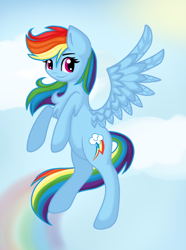 Size: 1000x1344 | Tagged: safe, artist:sketchyhowl, character:rainbow dash, species:pegasus, species:pony, backwards cutie mark, cloud, female, flying, looking at you, mare, sky, smiling, solo, sun