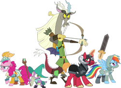 Size: 4132x3000 | Tagged: safe, artist:uponia, character:big mcintosh, character:discord, character:pinkie pie, character:rainbow dash, character:spike, species:earth pony, species:pony, species:unicorn, episode:dungeons & discords, .svg available, absurd resolution, arrow, bard, bard pie, bow (weapon), bow and arrow, captain wuzz, dungeons and dragons, fantasy class, garbuncle, magic, male, ogres and oubliettes, parsnip, race swap, rainbow rogue, rogue, roleplaying, simple background, sir mcbiggen, staff, stallion, sword, transparent background, trine, unicorn big mac, vector, weapon