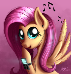 Size: 2000x2080 | Tagged: safe, artist:duskie-06, character:fluttershy, species:pegasus, species:pony, female, headphones, ipod, mp3 player, music notes, smiling, solo