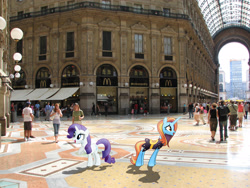 Size: 2272x1704 | Tagged: safe, artist:8-notes, artist:nickman983, artist:uponia, character:rarity, character:sassy saddles, species:human, excited, glass, irl, italy, mcdonald's, milan, photo, ponies in real life, shadow, town square, vector