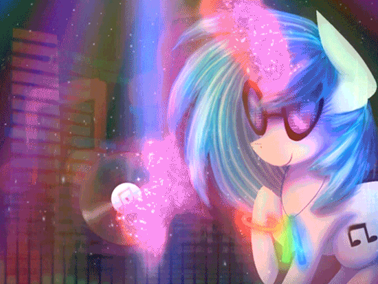 Size: 550x413 | Tagged: safe, artist:chanceyb, artist:equum_amici, character:dj pon-3, character:vinyl scratch, animated, cinemagraph, female, gif, glowstick, levitation, magic, perfect loop, record, solo, telekinesis