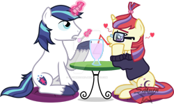Size: 1024x614 | Tagged: safe, artist:saturnstar14, character:moondancer, character:shining armor, species:pony, species:unicorn, bendy straw, crush, dreamy, drinking straw, eating, food, glowing horn, heart, ice cream, magic, milkshake, moonshining, one sided shipping, simple background, starboarding, telekinesis, transparent background, unrequited
