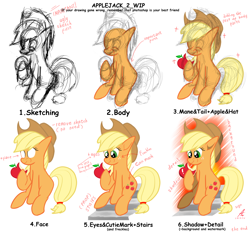 Size: 4500x4200 | Tagged: safe, artist:truffle shine, character:applejack, absurd resolution, apple, clothing, cowboy hat, eating, food, hat, how to draw, simple background, sitting, sketch, stairs, step by step, stetson, tutorial