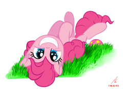 Size: 1069x748 | Tagged: safe, artist:truffle shine, character:pinkie pie, species:earth pony, species:pony, ball, female, grass, lying down, mare, on back, smiling, solo, upside down