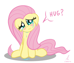 Size: 2000x1700 | Tagged: safe, artist:truffle shine, character:fluttershy, species:pegasus, species:pony, 3:, blushing, bronybait, colored pupils, crying, cute, dialogue, female, floppy ears, head tilt, hug request, looking at you, mare, shyabetes, simple background, sitting, solo, speech bubble, talking to viewer, transparent background, wavy mouth