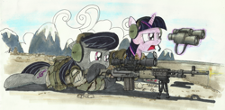Size: 2328x1136 | Tagged: safe, artist:buckweiser, character:octavia melody, character:twilight sparkle, species:earth pony, species:pony, species:unicorn, binoculars, cutie mark, female, floppy ears, gun, hooves, horn, lying down, m14, m14 ebr, mare, open mouth, optical sight, picatinny rail, rifle, scope, shooting, sniper, sniper and spotter, sniper rifle, soldier, solo, spotter, traditional art, weapon