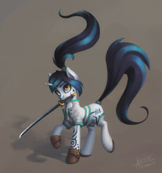 Size: 1924x2044 | Tagged: safe, artist:asimos, oc, oc only, oc:mysterious avalanche, mouth hold, solo, sword, weapon