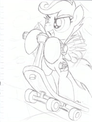 Size: 2500x3292 | Tagged: safe, artist:cazra, character:scootaloo, species:pegasus, species:pony, newbie artist training grounds, cutie mark, female, monochrome, scooter, solo, the cmc's cutie marks, traditional art