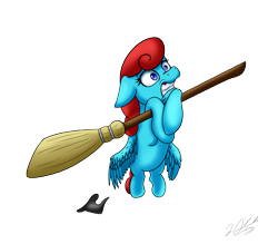 Size: 6197x5439 | Tagged: safe, artist:tsand106, oc, oc only, oc:blue sing, species:pegasus, species:pony, absurd resolution, broom, clothing, flying, flying broomstick, hat, scared, simple background, solo, transparent background, wide eyes, witch hat