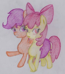Size: 900x1014 | Tagged: safe, artist:marta4708, character:apple bloom, character:scootaloo, species:pegasus, species:pony, ship:scootabloom, blushing, female, filly, lesbian, shipping, traditional art, watermark