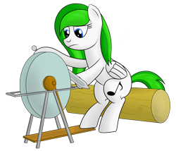 Size: 2450x2100 | Tagged: safe, artist:cloudy95, oc, oc only, oc:cloud, species:pegasus, species:pony, newbie artist training grounds, grinding, hoof hold, log, sitting, solo, sword, weapon, wheel