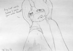 Size: 1280x902 | Tagged: safe, artist:holliday, oc, oc only, oc:gang violence, species:pony, species:unicorn, bandage, dialogue, monochrome, scar, solo, traditional art