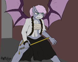 Size: 1280x1024 | Tagged: safe, artist:holliday, oc, oc only, oc:price, species:anthro, species:dragon, species:pegasus, species:pony, anthro oc, bandage, claws, clothing, fangs, original species, side slit, skirt, slit eyes, sword, weapon