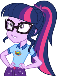 Size: 3000x4011 | Tagged: safe, artist:uponia, character:twilight sparkle, character:twilight sparkle (scitwi), species:eqg human, species:human, equestria girls:legend of everfree, g4, my little pony: equestria girls, my little pony:equestria girls, absurd resolution, camp everfree outfits, clothing, denim shorts, female, glasses, hand on hip, hands on hip, multicolored hair, ponytail, purple eyes, purple skin, shirt, shorts, simple background, solo, solo female, t-shirt, tomboy, transparent background, vector