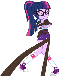 Size: 3000x3822 | Tagged: safe, artist:uponia, character:twilight sparkle, character:twilight sparkle (scitwi), species:eqg human, equestria girls:legend of everfree, g4, my little pony: equestria girls, my little pony:equestria girls, clothing, converse, eyes closed, female, glasses, i've seen enough hentai to know where this is going, shoes, shorts, simple background, sneakers, socks, solo, struggling, transparent background, vector