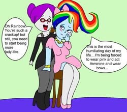 Size: 1635x1441 | Tagged: safe, artist:my little brony friend, character:rainbow dash, character:rarity, my little pony:equestria girls, 1000 hours in ms paint, female, ms paint, rainbow dash always dresses in style, tomboy taming