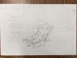 Size: 4032x3024 | Tagged: safe, artist:mranthony2, character:fluttershy, species:bird, species:crab, beach, bucket, female, lighthouse, lying down, monochrome, on back, solo, sunglasses, traditional art
