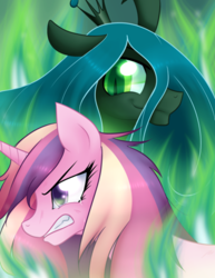 Size: 900x1165 | Tagged: safe, artist:mylittlesheepy, character:princess cadance, character:queen chrysalis, species:alicorn, species:changeling, species:pony, changeling queen, crying, duo, female, fire, green fire, mare, teeth
