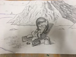 Size: 4032x3024 | Tagged: safe, artist:mranthony2, character:fluttershy, species:crab, beach, bucket, lighthouse, lying down, monochrome, ocean, on back, shading, sunglasses, traditional art