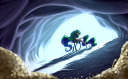 Size: 5000x3107 | Tagged: safe, artist:nadnerbd, character:princess celestia, absurd resolution, backlighting, cave, coin, female, gold, shadow, solo