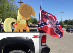 Size: 2362x1703 | Tagged: safe, artist:greenmachine987, artist:thatguy1945, character:applejack, battle flag, car, clothing, confederate flag, don't tread on me, flag, hat, irl, parking lot, photo, pickup truck, ponies in real life, shadow, solo, straw, vector