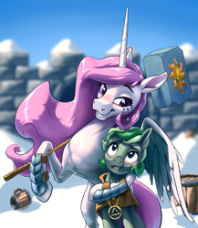 Size: 3914x4500 | Tagged: safe, artist:nadnerbd, character:clover the clever, character:princess celestia, species:alicorn, species:pony, species:unicorn, fanfic:time enough for love, g4, absurd resolution, armor, barrel, bipedal, blushing, cloak, clothing, cloverlestia, drunk, eye contact, eye twitch, eyebrows, face paint, fanfic, fanfic art, female, grin, hammer, hoof hold, hug, jewelry, lidded eyes, looking at each other, looking up, male, mare, necklace, nervous, pink hair, pink tail, pink-mane celestia, purple eyes, raised hoof, shipping, size difference, sledgehammer, smiling, smirk, snow, stallion, straight, tankard, war hammer, weapon, wide eyes, wings, winter, worried